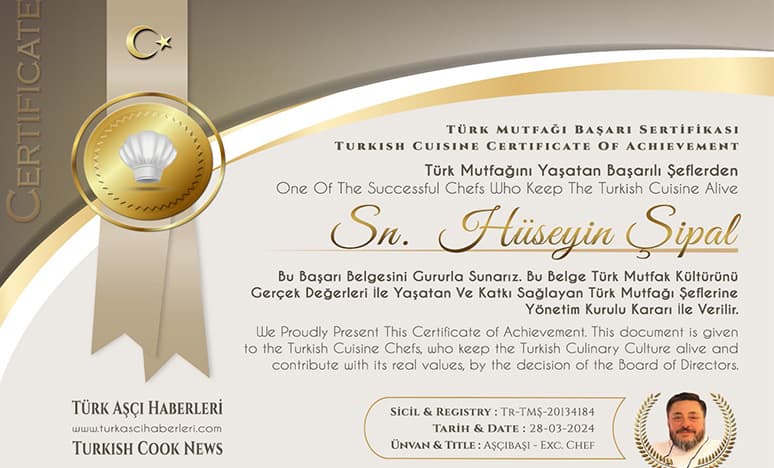 Türk Aşçı Haberlerinden Şef Hüseyin Şipal'e Başarı Ödülü