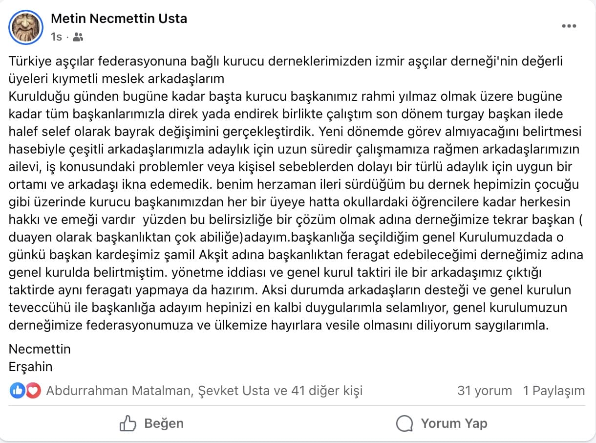 Şef Necmettin Erşahin’den Başkanlık Açıklaması